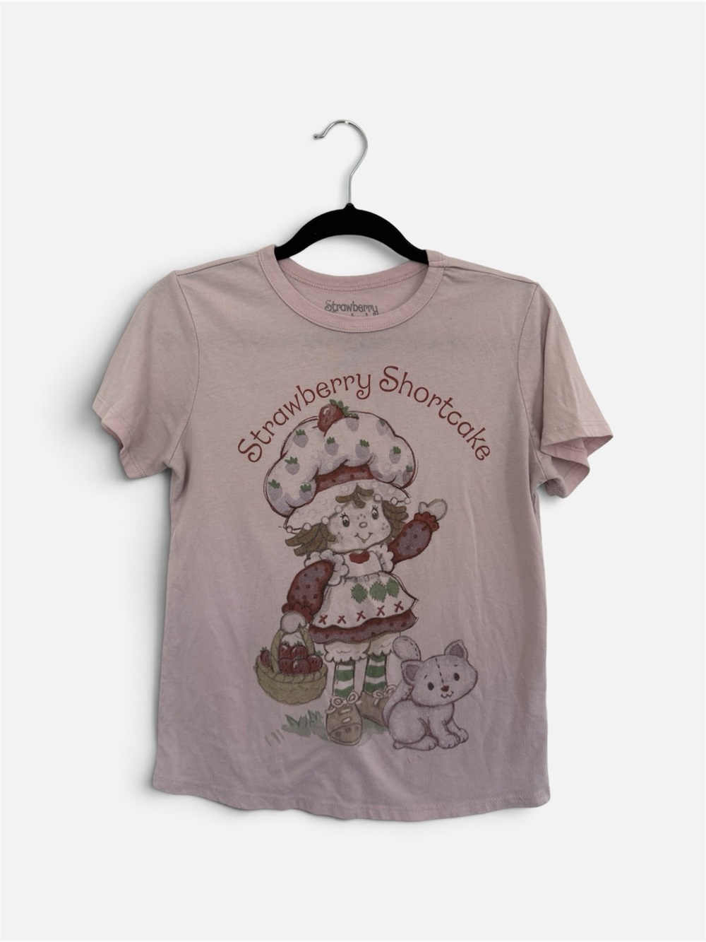 Strawberry Shortcake & Kitten Pink Short Sleeve Cute Y2K Graphic T-Shirt | XS